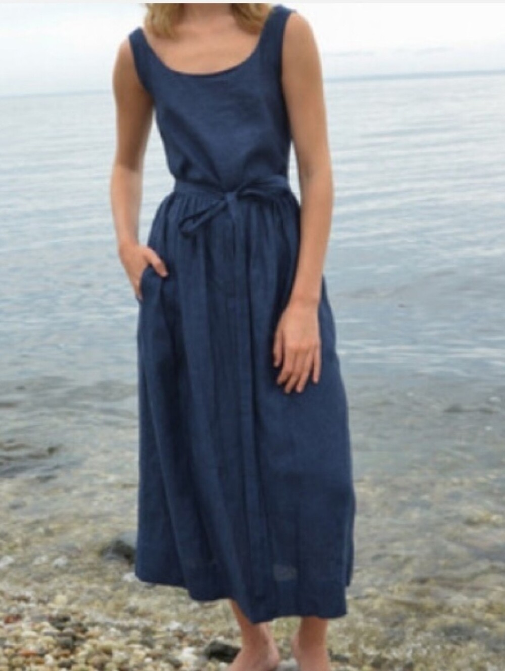 COCO SHOP Maxi Front Tie Navy Blue Linen Dress Womens Medium